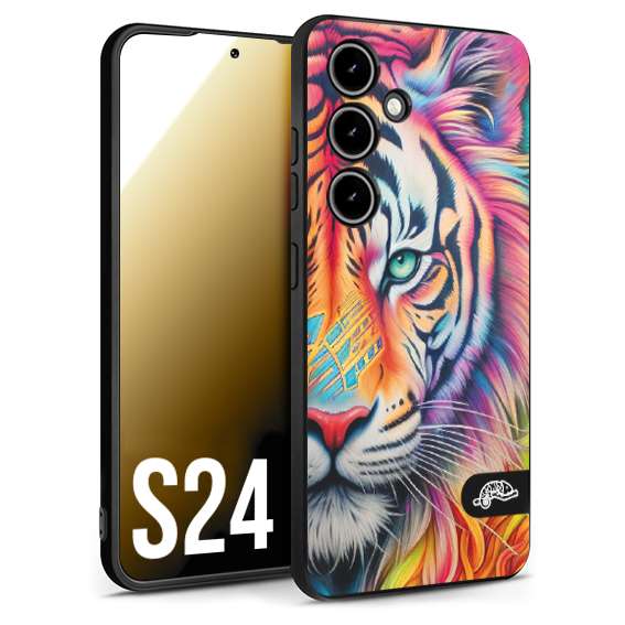 CUSTOMIZZA - Custodia cover nera morbida in tpu compatibile per Samsung S24 animali color tigre tiger viso colori vibranti disegnato schizzo