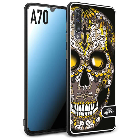 CUSTOMIZZA - Custodia cover nera morbida in tpu compatibile per Samsung A70 teschio messicano Mexican skull nero giallo