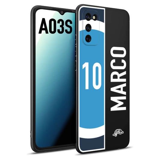 CUSTOMIZZA - Custodia cover nera morbida in tpu compatibile per Samsung A03S personalizzata calcio football nome e numero calciatori biancoazzurri bianco celesti