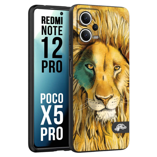 CUSTOMIZZA - Custodia cover nera morbida in tpu compatibile per Xiaomi Redmi Note 12 PRO - POCO X5 PRO leone lion disegnato a mano giallo blu a rilievo artistico brown