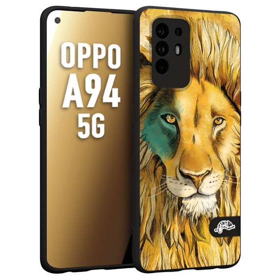 CUSTOMIZZA - Custodia cover nera morbida in tpu compatibile per Oppo A94 5G leone lion disegnato a mano giallo blu a rilievo artistico brown