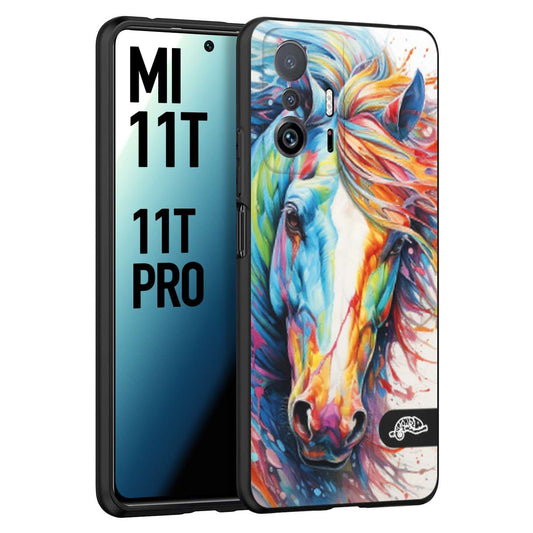 CUSTOMIZZA - Custodia cover nera morbida in tpu compatibile per Xiaomi Mi 11T - Mi 11T PRO animali color cavallo horse viso colori vibranti disegnato schizzo