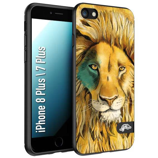 CUSTOMIZZA - Custodia cover nera morbida in tpu compatibile per iPhone 7 Plus - 8 plusleone lion disegnato a mano giallo blu a rilievo artistico brown