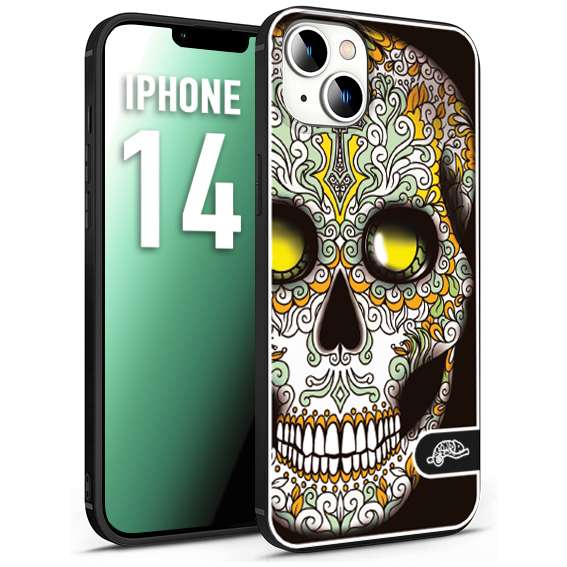 CUSTOMIZZA - Custodia cover nera morbida in tpu compatibile per iPhone 14 teschio messicano Mexican skull bianco verde giallo