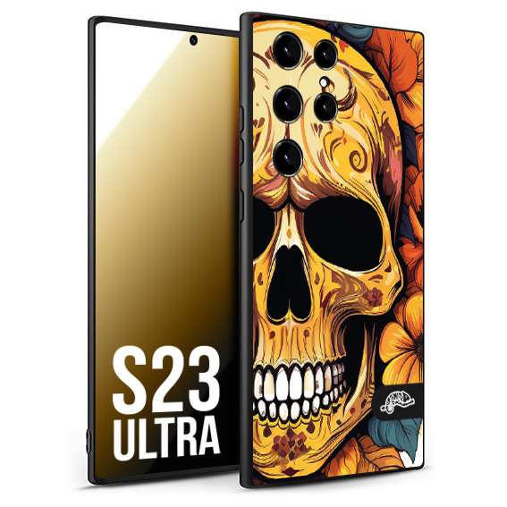 CUSTOMIZZA - Custodia cover nera morbida in tpu compatibile per Samsung S23 ULTRA teschio messicano colorato dorato fiori autunnali disegnato