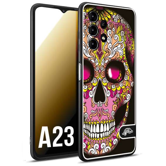 CUSTOMIZZA - Custodia cover nera morbida in tpu compatibile per Samsung A23 teschio messicano Mexican skull rosa gialla