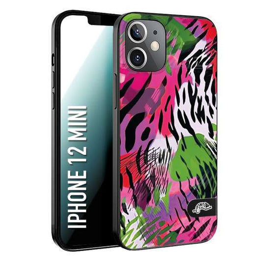 CUSTOMIZZA - Custodia cover nera morbida in tpu compatibile per iPhone 12 MINI leopardato tigrato tiger colorata summer color verde fucsia