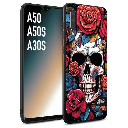 CUSTOMIZZA - Custodia cover nera morbida in tpu compatibile per Samsung A50 - A50S - A30S teschio skull flowers fiori rose rosse tattoo disegnato