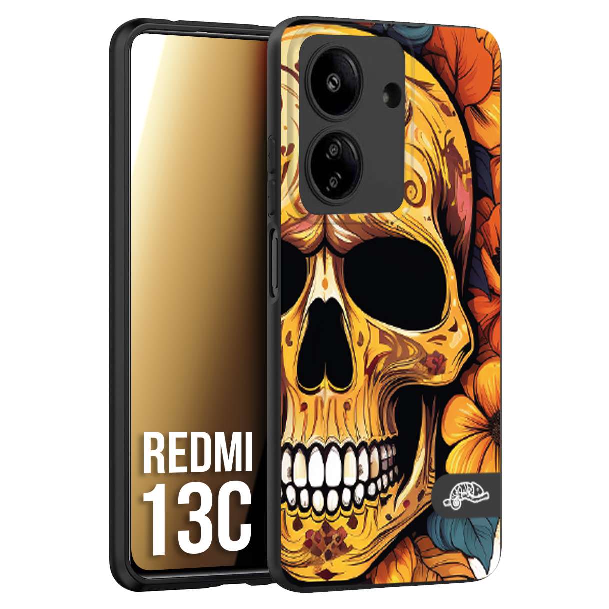 CUSTOMIZZA - Custodia cover nera morbida in tpu compatibile per Xiaomi Redmi 13C teschio messicano colorato dorato fiori autunnali disegnato