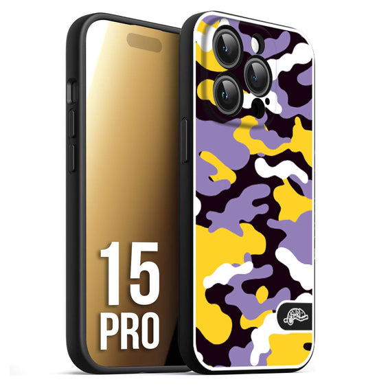 CUSTOMIZZA - Custodia cover nera morbida in tpu compatibile per iPhone 15 PRO camouflage mimetico militare viola lilla giallo