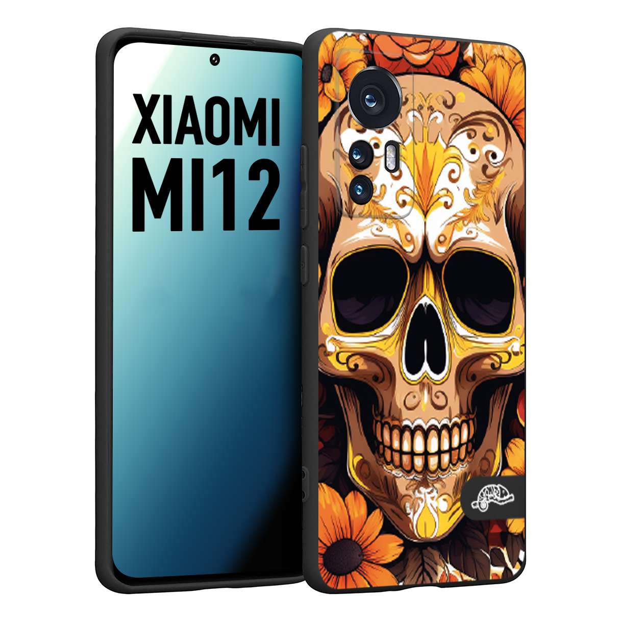 CUSTOMIZZA - Custodia cover nera morbida in tpu compatibile per Xiaomi 12 5G teschio messicano colorato dorato fiori tattoo disegnato