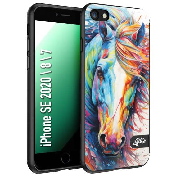 CUSTOMIZZA - Custodia cover nera morbida in tpu compatibile per iPhone 7 - 8 - SE 2020 / 2022 animali color cavallo horse viso colori vibranti disegnato schizzo