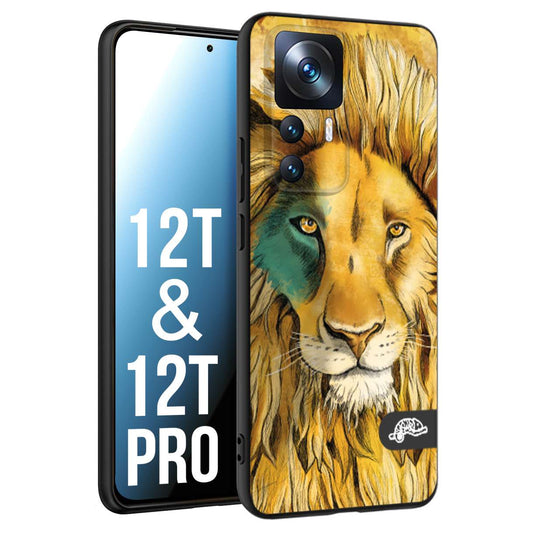 CUSTOMIZZA - Custodia cover nera morbida in tpu compatibile per Xiaomi 12T - 12T PRO leone lion disegnato a mano giallo blu a rilievo artistico brown