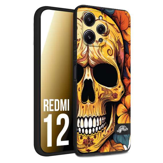 CUSTOMIZZA - Custodia cover nera morbida in tpu compatibile per Xiaomi Redmi 12 teschio messicano colorato dorato fiori autunnali disegnato