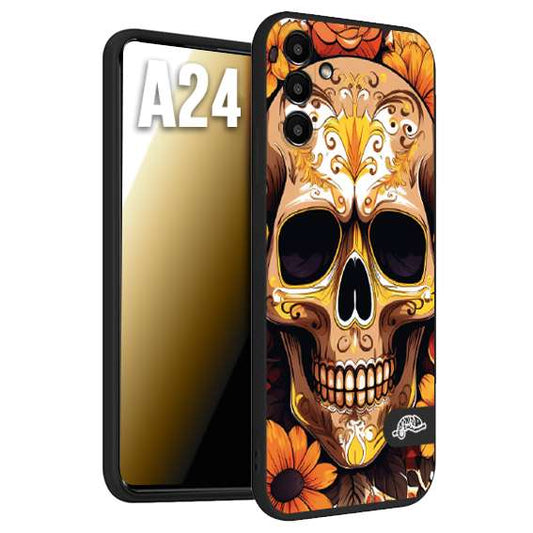 CUSTOMIZZA - Custodia cover nera morbida in tpu compatibile per Samsung A24 teschio messicano colorato dorato fiori tattoo disegnato