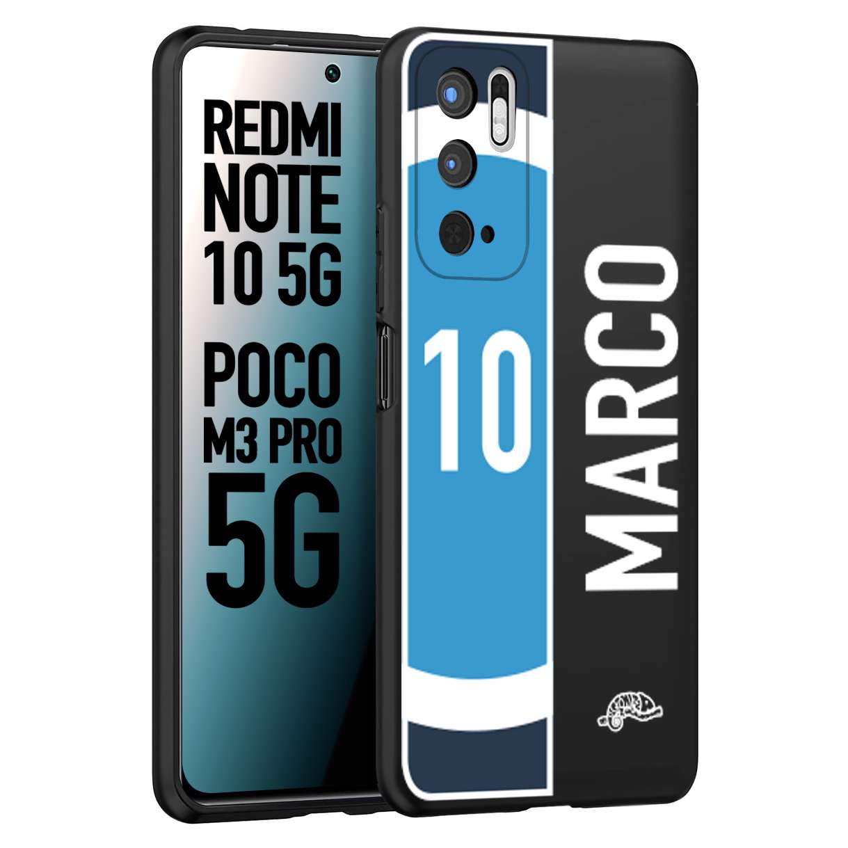 CUSTOMIZZA - Custodia cover nera morbida in tpu compatibile per Xiaomi Redmi Note 10 5G - Poco M3 Pro 5G personalizzata calcio football nome e numero calciatori biancoazzurri bianco celesti