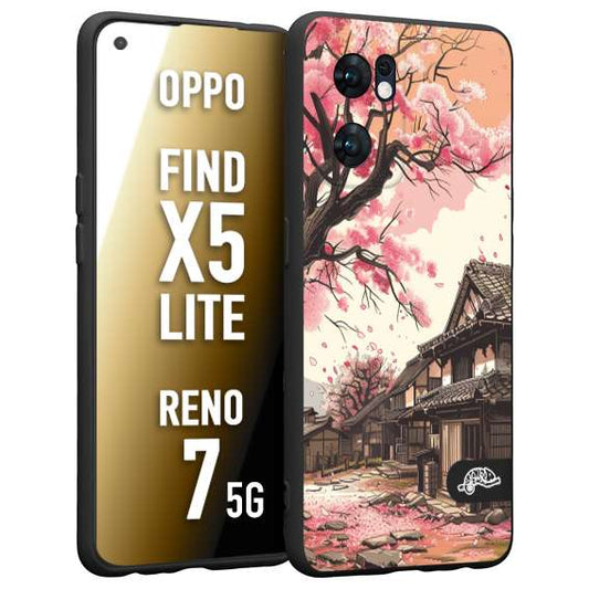 CUSTOMIZZA - Custodia cover nera morbida in tpu compatibile per Oppo Reno 7 - Find X5 LITE casa giapponese rosa ciliegio in fiore disegnata tattoo