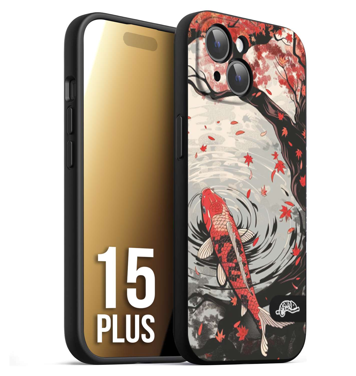 CUSTOMIZZA - Custodia cover nera morbida in tpu compatibile per iPhone 15 PLUS giapponese lago carpa koi rossa con foglie d'acero rosso disegnata tattoo