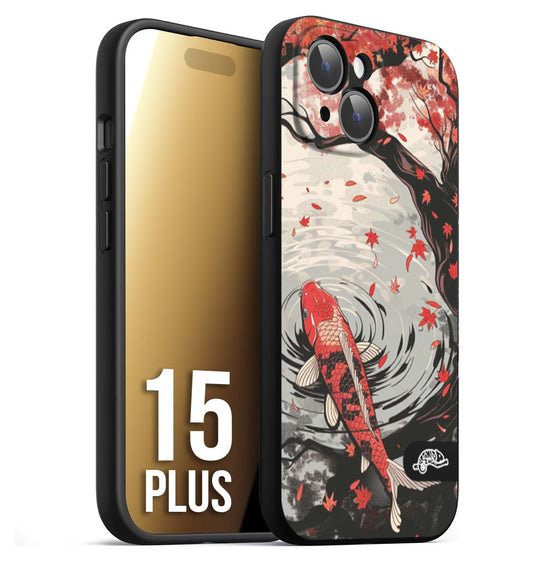 CUSTOMIZZA - Custodia cover nera morbida in tpu compatibile per iPhone 15 PLUS giapponese lago carpa koi rossa con foglie d'acero rosso disegnata tattoo