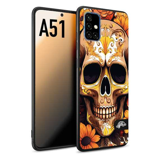 CUSTOMIZZA - Custodia cover nera morbida in tpu compatibile per Samsung A51 teschio messicano colorato dorato fiori tattoo disegnato