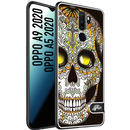 CUSTOMIZZA - Custodia cover nera morbida in tpu compatibile per Oppo A9 2020 - A5 2020 teschio messicano Mexican skull bianco verde giallo