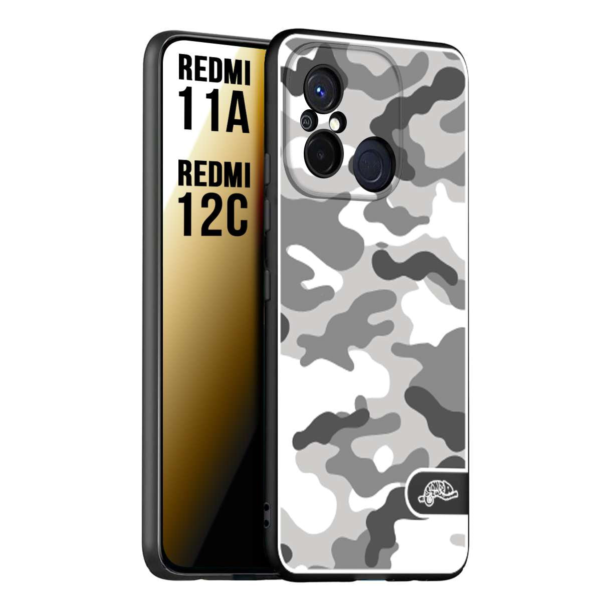 CUSTOMIZZA - Custodia cover nera morbida in tpu compatibile per Xiaomi Redmi 11A - 12C camouflage mimetico militare bianco white