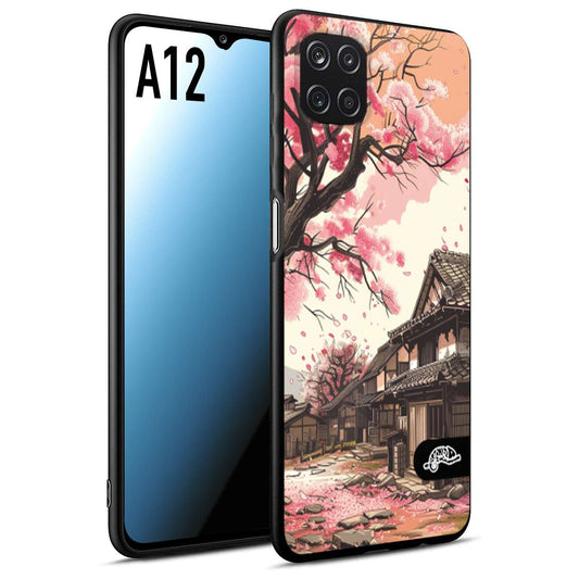 CUSTOMIZZA - Custodia cover nera morbida in tpu compatibile per Samsung A12 casa giapponese rosa ciliegio in fiore disegnata tattoo