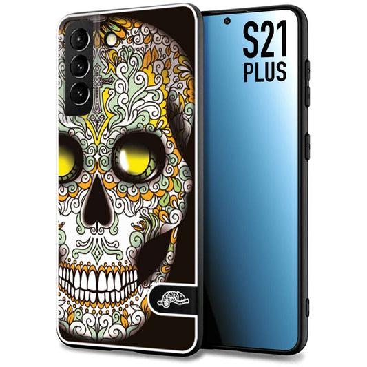 CUSTOMIZZA - Custodia cover nera morbida in tpu compatibile per Samsung S21 PLUS teschio messicano Mexican skull bianco verde giallo