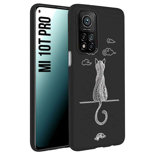 CUSTOMIZZA - Custodia cover nera morbida in tpu compatibile per Xiaomi Mi 10T PRO gatto mandala stilizzato gattino a rilievo soft touch donna bianca