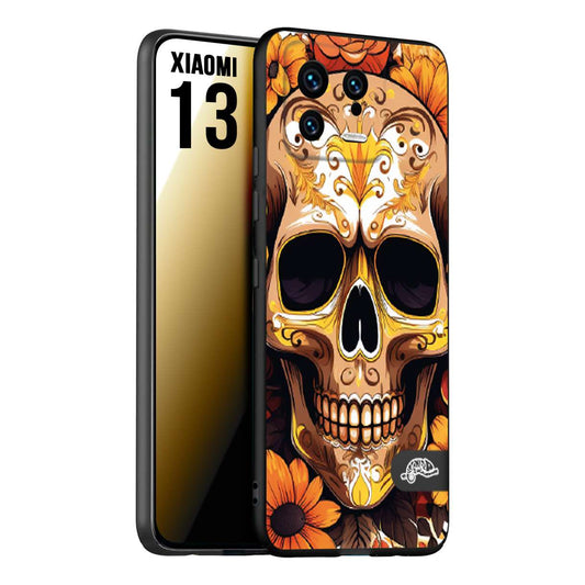 CUSTOMIZZA - Custodia cover nera morbida in tpu compatibile per Xiaomi 13 teschio messicano colorato dorato fiori tattoo disegnato