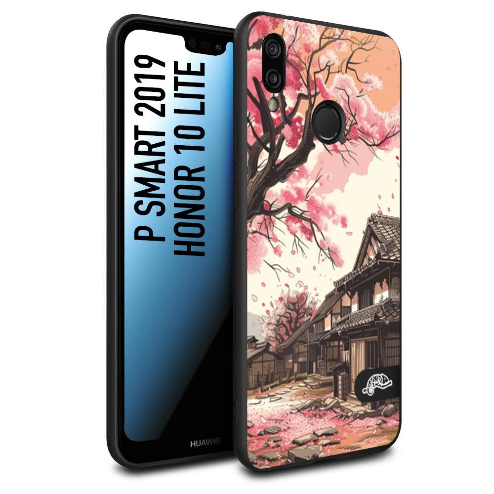 CUSTOMIZZA - Custodia cover nera morbida in tpu compatibile per Huawei P Smart 2019 casa giapponese rosa ciliegio in fiore disegnata tattoo