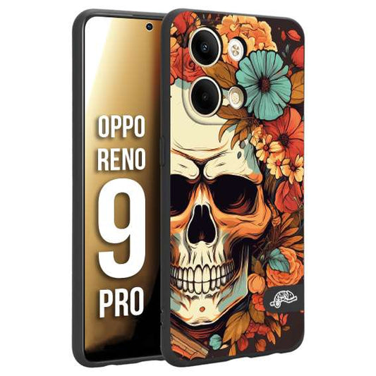 CUSTOMIZZA - Custodia cover nera morbida in tpu compatibile per Oppo Reno 9 PRO teschio skull flowers fiori autunnali arancio celeste tattoo