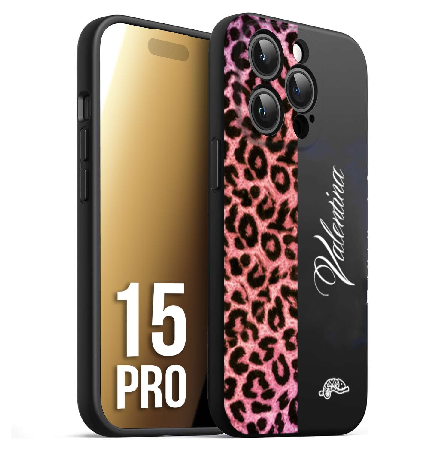 CUSTOMIZZA - Custodia cover nera morbida in tpu compatibile per iPhone 15 PRO leopardato rosa fucsia personalizzata nome iniziali