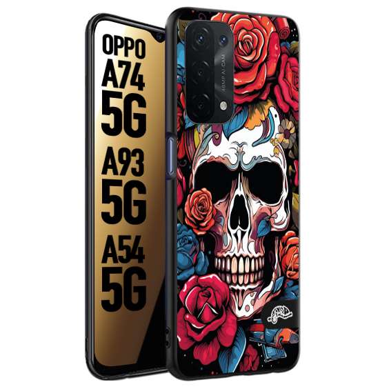 CUSTOMIZZA - Custodia cover nera morbida in tpu compatibile per Oppo A74 5G - A93 5G - A54 5G teschio skull flowers fiori rose rosse tattoo disegnato