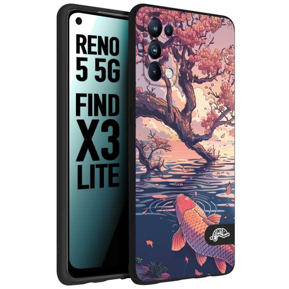 CUSTOMIZZA - Custodia cover nera morbida in tpu compatibile per Oppo Reno 5 5G giapponese lago carpa koi rosa con foglie d'acero disegnata tattoo