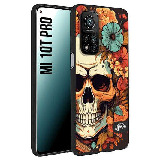 CUSTOMIZZA - Custodia cover nera morbida in tpu compatibile per Xiaomi Mi 10T PRO teschio skull flowers fiori autunnali arancio celeste tattoo