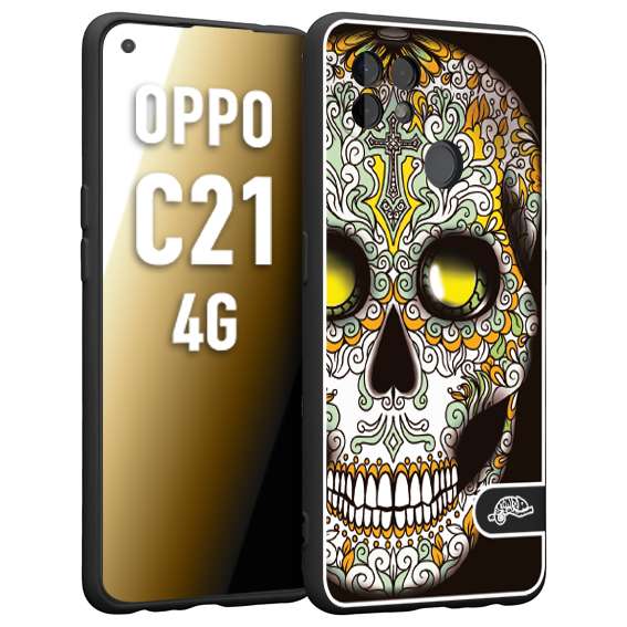 CUSTOMIZZA - Custodia cover nera morbida in tpu compatibile per Oppo Realme C21 4G teschio messicano Mexican skull bianco verde giallo