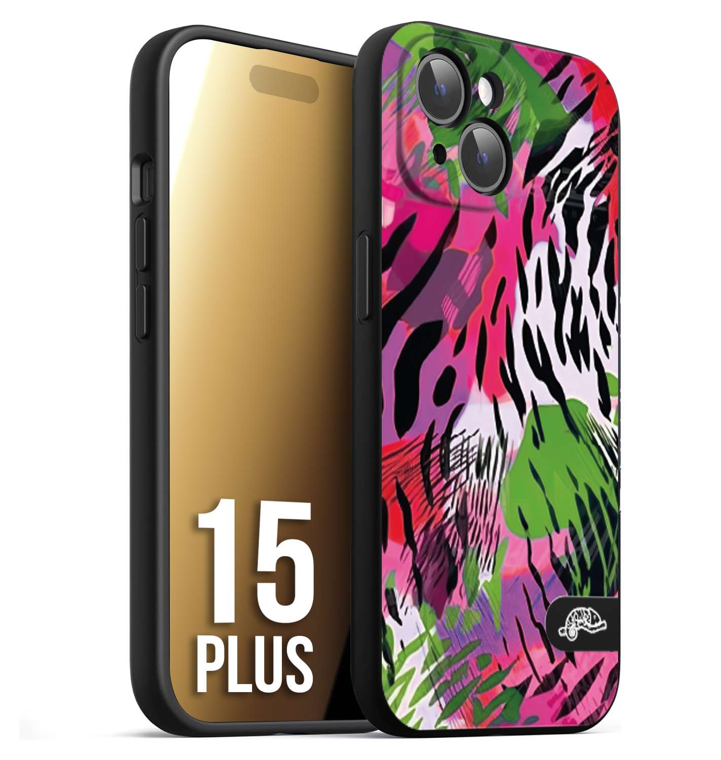 CUSTOMIZZA - Custodia cover nera morbida in tpu compatibile per iPhone 15 PLUS leopardato tigrato tiger colorata summer color verde fucsia