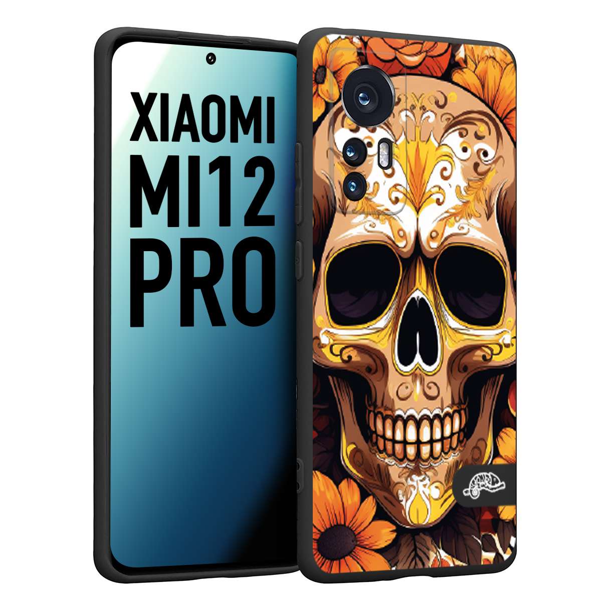 CUSTOMIZZA - Custodia cover nera morbida in tpu compatibile per Xiaomi 12 PRO teschio messicano colorato dorato fiori tattoo disegnato