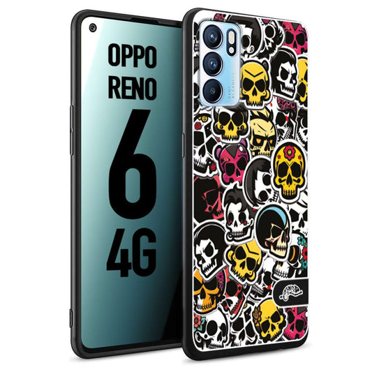 CUSTOMIZZA - Custodia cover nera morbida in tpu compatibile per Oppo Reno 6 4G sticker bomb teschi colorati adesivi skulls skater snowboard