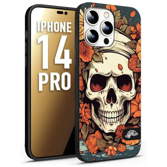 CUSTOMIZZA - Custodia cover nera morbida in tpu compatibile per iPhone 14 PRO teschio skull flowers fiori tattoo disegnato alta definizione