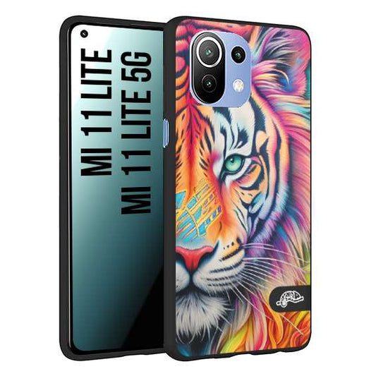 CUSTOMIZZA - Custodia cover nera morbida in tpu compatibile per Xiaomi Mi 11 Lite / Mi 11 Lite 5G animali color tigre tiger viso colori vibranti disegnato schizzo