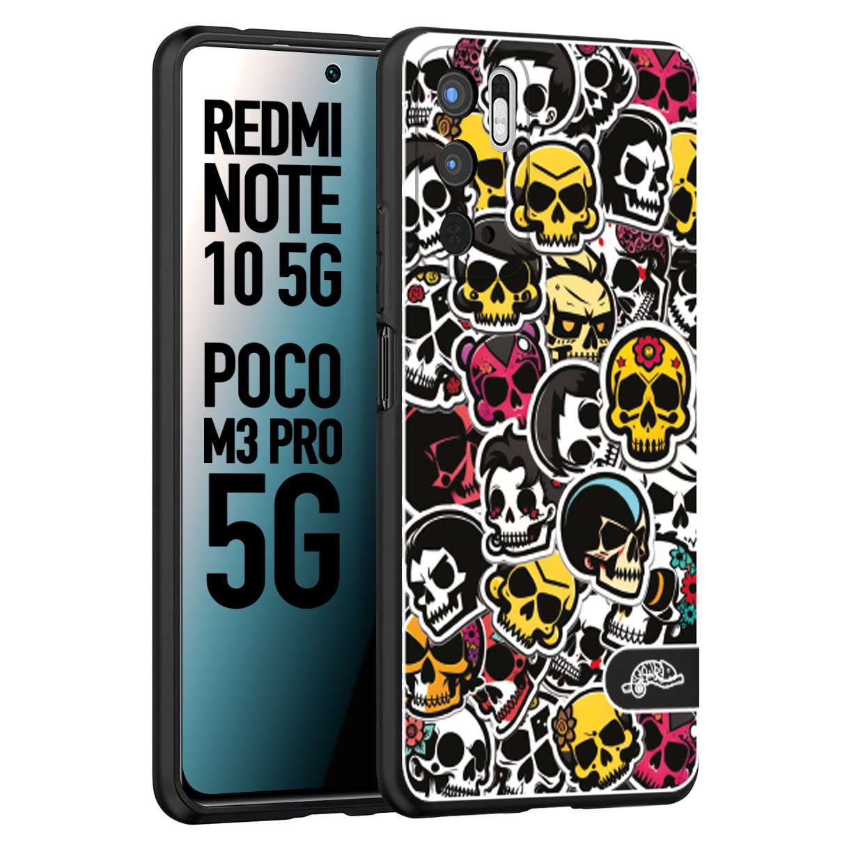 CUSTOMIZZA - Custodia cover nera morbida in tpu compatibile per Xiaomi Redmi Note 10 5G - Poco M3 Pro 5G sticker bomb teschi colorati adesivi skulls skater snowboard