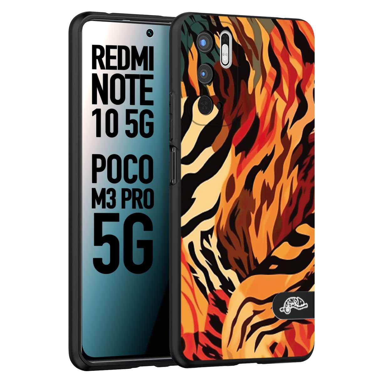 CUSTOMIZZA - Custodia cover nera morbida in tpu compatibile per Xiaomi Redmi Note 10 5G - Poco M3 Pro 5G leopardato maculato tigrato tiger colorata gialla rossa arancio