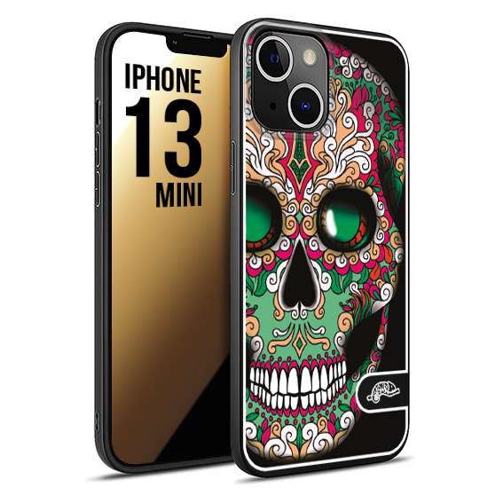 CUSTOMIZZA - Custodia cover nera morbida in tpu compatibile per iPhone 13 MINI teschio messicano Mexican skull verde fucsia