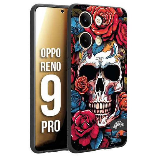 CUSTOMIZZA - Custodia cover nera morbida in tpu compatibile per Oppo Reno 9 PRO teschio skull flowers fiori rose rosse tattoo disegnato