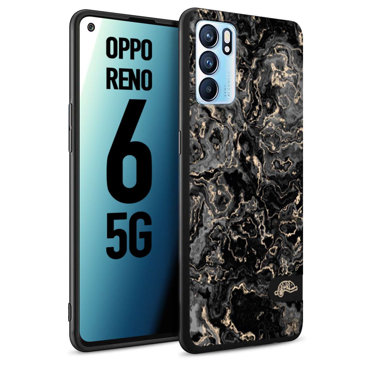 CUSTOMIZZA - Custodia cover nera morbida in tpu compatibile per Oppo Reno 6 5G effetto marmo marble nero black venature dorato pietra