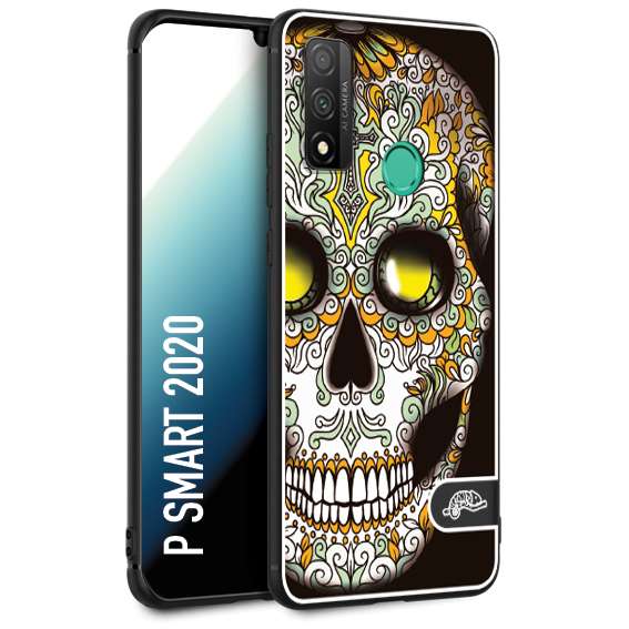 CUSTOMIZZA - Custodia cover nera morbida in tpu compatibile per Huawei P Smart 2020 teschio messicano Mexican skull bianco verde giallo