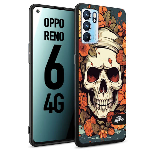 CUSTOMIZZA - Custodia cover nera morbida in tpu compatibile per Oppo Reno 6 4G teschio skull flowers fiori tattoo disegnato alta definizione