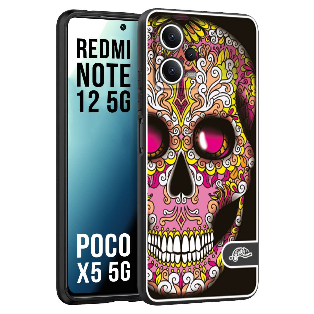 CUSTOMIZZA - Custodia cover nera morbida in tpu compatibile per Xiaomi Redmi Note 12 - POCO X5 5G teschio messicano Mexican skull rosa gialla